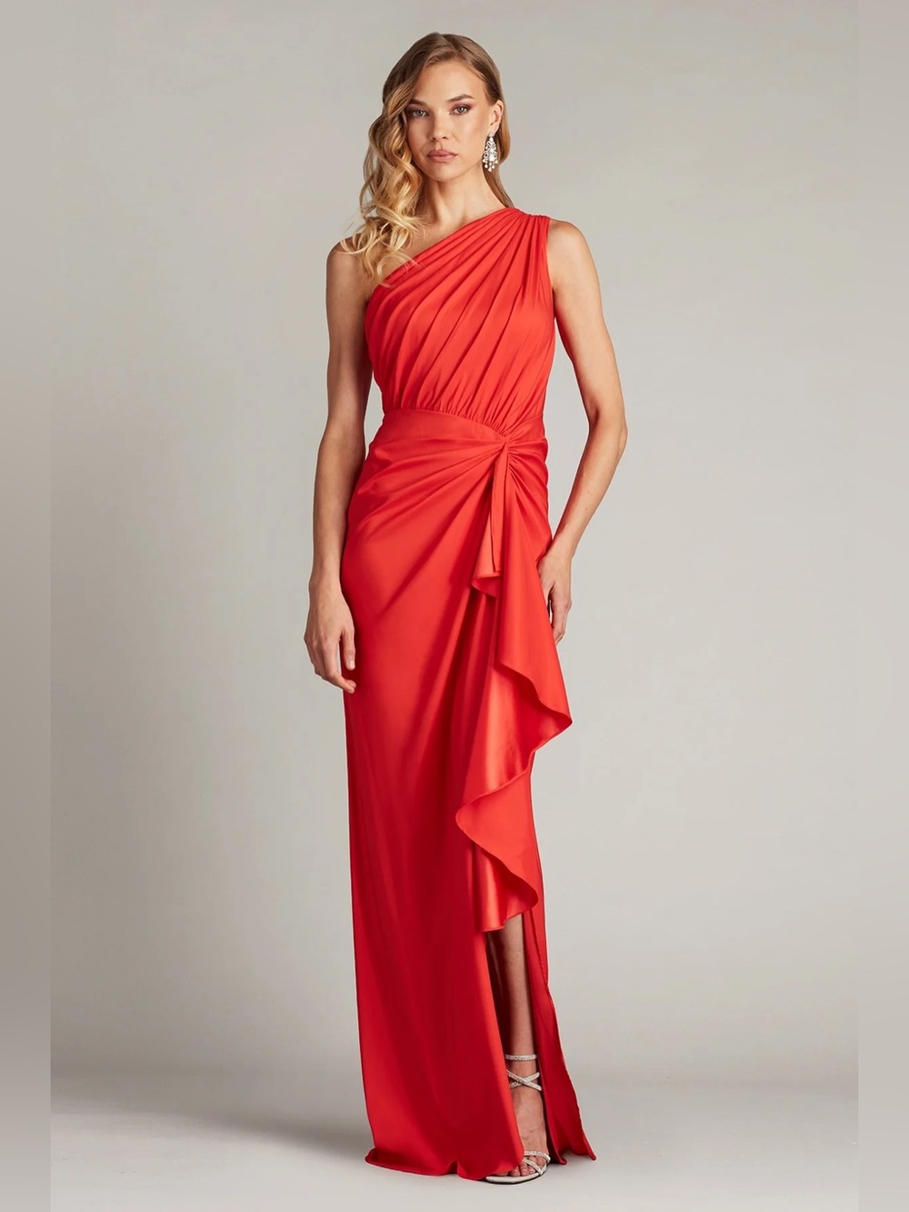 Tadashi Shoji One-Shoulder Side Ruffle Gown Color: Red Rose  NWT
